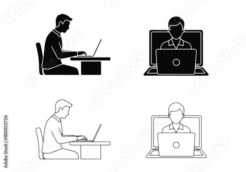Modern business professionals working remotely with laptops and devices - Vector icon symbol for website - Icon vector - Blue icon vector - Line and glyph solid icon set