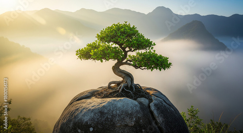 tree growing on a rock with a beautiful mountain view
