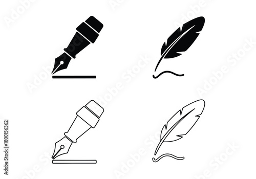 Classic writing instruments feather pen fountain pen icons set - Vector icon symbol for website - Icon vector - Blue icon vector - Line and glyph solid icon set