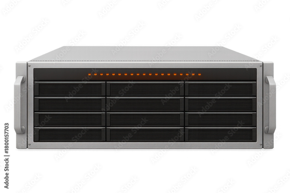 Fototapeta premium Server system rack unit with blinking orange lights providing data storage, hosting, and network computing on transparent background