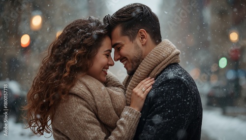 A loving couple embracing in a snowy urban setting with soft smiles and cozy winter clothing displayed
