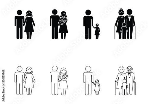 Family silhouettes diverse representation generations figures icons - Vector icon symbol for website - Icon vector - Blue icon vector - Line and glyph solid icon set