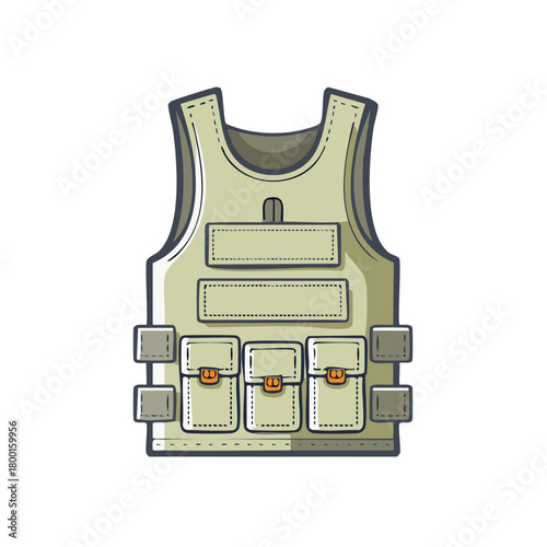 Illustration of a Khaki tactical vest with pockets for military equipment or hunting supplies