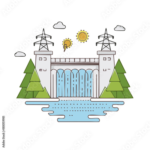 Hydroelectric Dam with Power Lines, Waterfall, and Coniferous Trees in a Flat Design Style