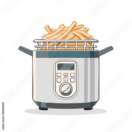 Deep fryer with basket full of golden french fries ready to serve