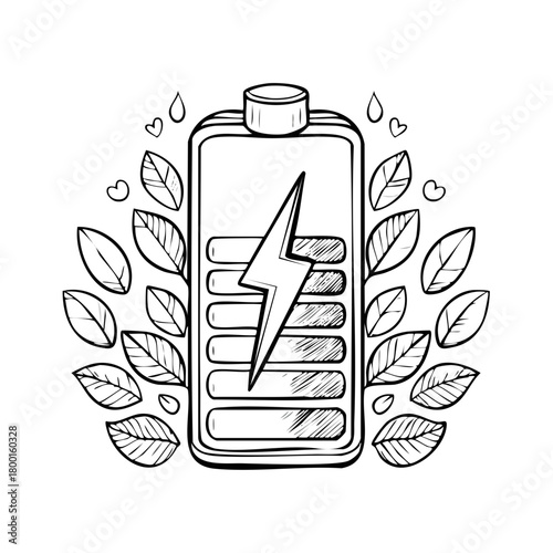 Doodle-style battery icon with lightning bolt and surrounding leaves symbolizing renewable energy