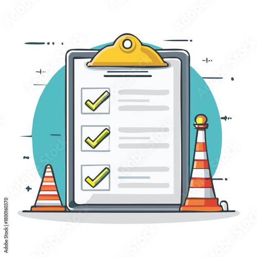 Checklist with safety equipment illustration,  done, completed concept