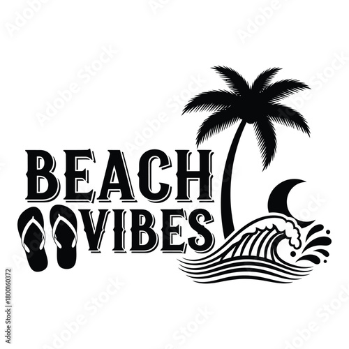 Black and white beach vibes design with palm tree and wave