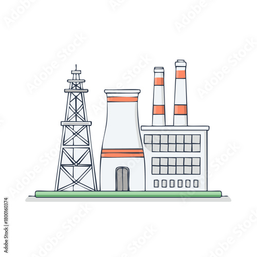 Industrial complex with cooling tower and smokestacks representing power generation