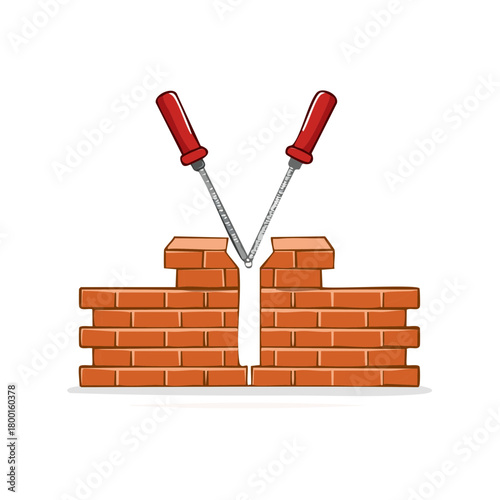 Illustration of a brick wall being torn apart by two screwdrivers. Construction and destruction concept.