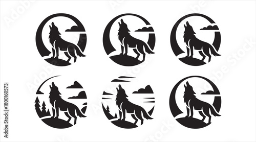 Wildlife emblem set with wolves calling to the moon in stylized forest and mountain scenes