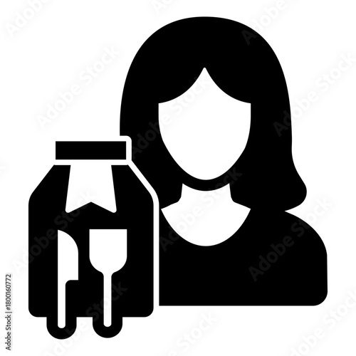 Woman and bag with fork and knife solid icon, fast food concept. Vector graphics. Girl and bag sign on white background, style icon mobile or web design.