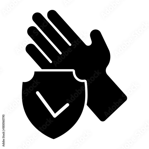 Clean hand badge solid icon, hand washing concept. Vector graphics. Palm and emblem with checkmark sign on white background, style icon mobile or web design.