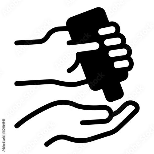 Hand and bottle of antiseptic solid icon, washing hands concept. Vector graphics. Antiseptic jar in hand sign on white background, style icon mobile or web design.