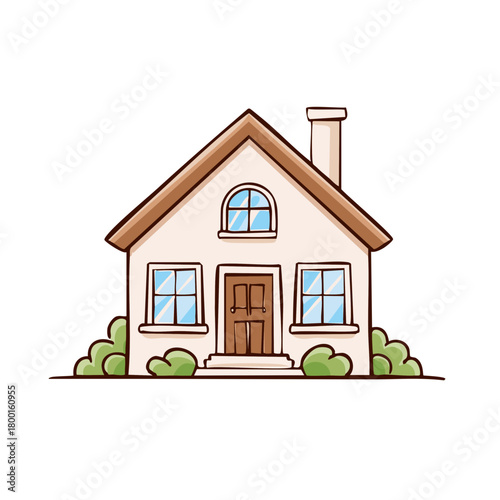 Charming cartoon house with arched window and chimney surrounded by greenery