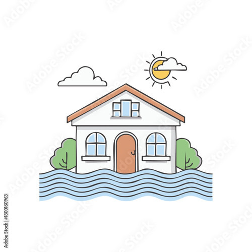 Cartoon House Flooding Under Sunlight and Clouds Illustration
