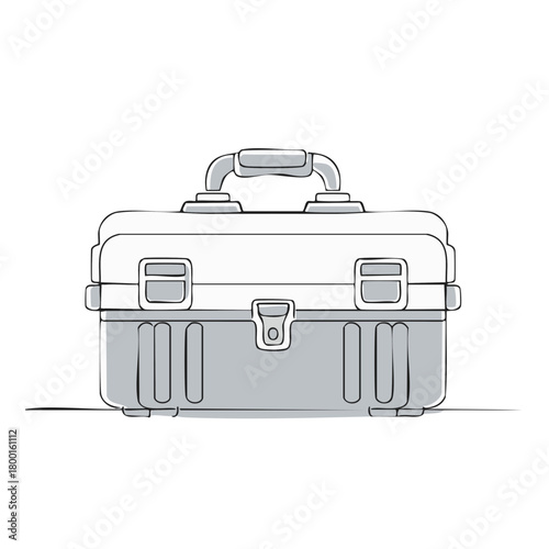 Clean line art illustration of a portable utility toolbox with handle and secure latches for equipment storage