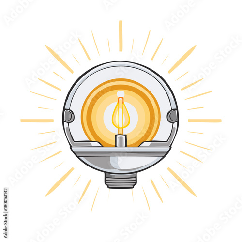 A bright cartoon light bulb with a glowing filament and shining rays symbolizing a new idea and creative innovation.