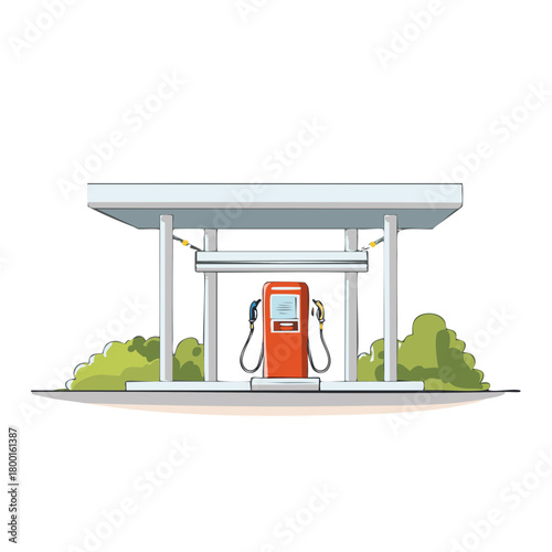 Retro gas pump at an outdoor service station with green bushes and a canopy