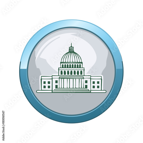 Government building vector illustration in a glossy circle button symbol for politics and law