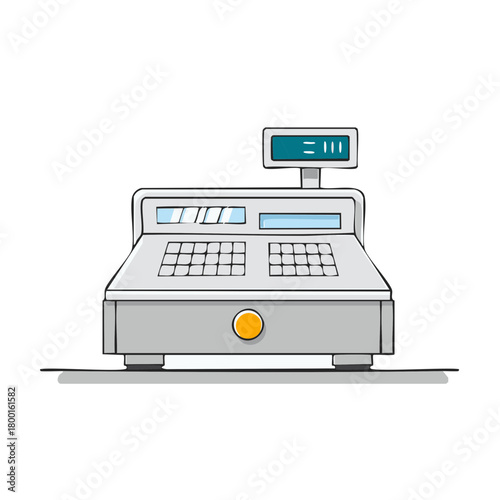 Cartoon illustration of a retro cash register for retail checkout and payment