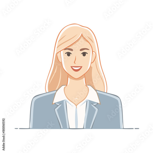 Professional blonde woman smiling cheerfully wearing a smart blue business blazer