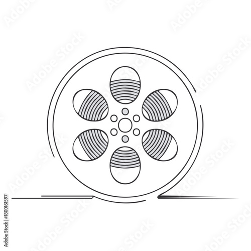 Minimalist line art of a film reel with distinct segments and radiating circles