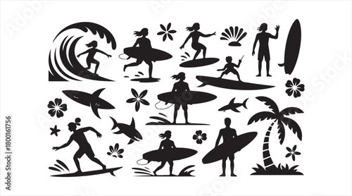 Dynamic surfer silhouettes riding waves with coastal and island-themed graphics