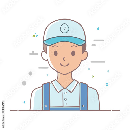 Smiling Man in Overalls and Cap with Clock Icon - Service Industry Professional Portrait