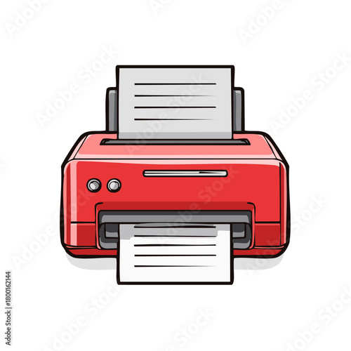 Red Inkjet Printer with Documents, Printing Business Reports and Information