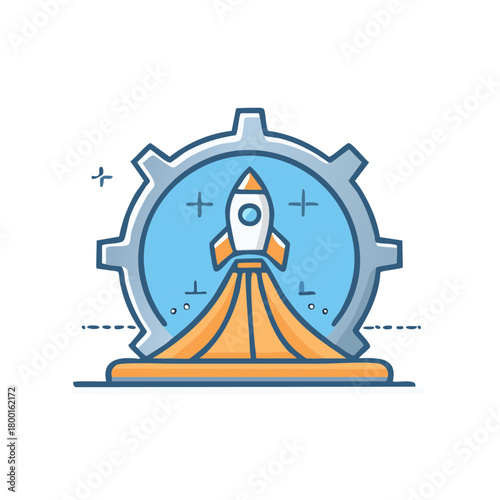 Cartoon rocket taking off, framed by gear icon with light blue fill, conveying growth, innovation, progress