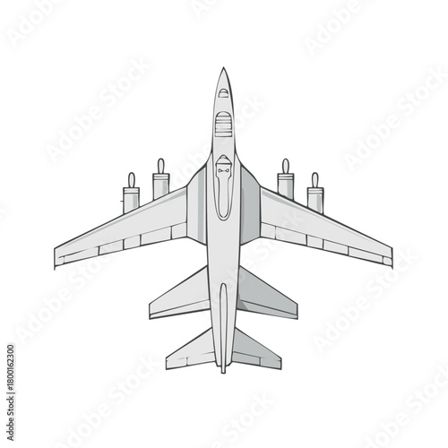 Top view of military aircraft illustration with wing fuel tanks and vector graphics sketch isolated on white