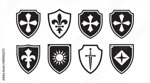 Collection of stylized shield designs representing armor, nobility, and traditional heraldry