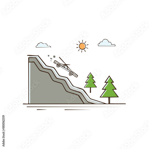 Outline Illustration of an Airboat Gliding Down a Slope with Trees