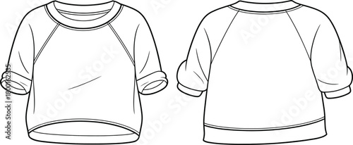 Flat vector illustration of cropped raglan sleeve top with rolled cuffs, front and back technical fashion sketch template for apparel design