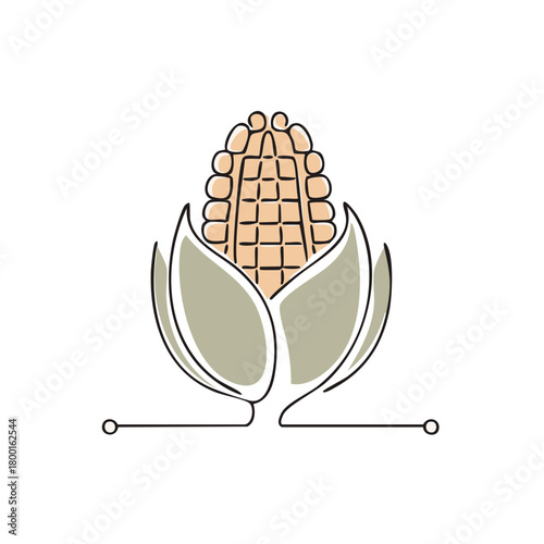 Minimalist line art illustration of an ear of corn showing kernel details and green husk on a clean white background