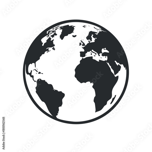 Minimalist black and white Earth globe icon representing global connectivity travel and geography