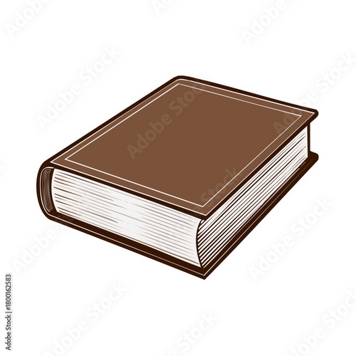 Closed brown hardcover book with page edges shown and white border detail