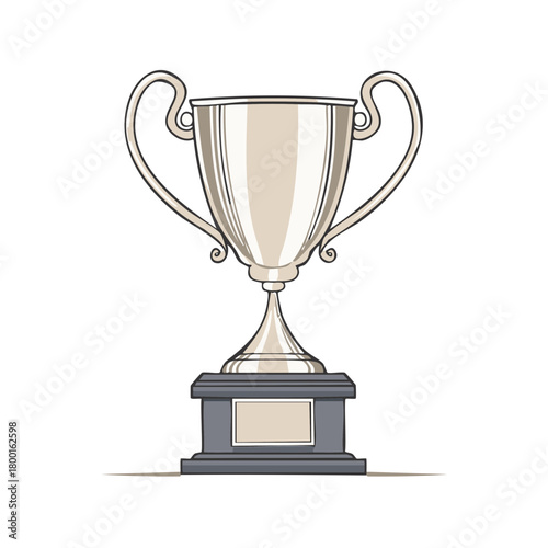 Silver award cup illustration on dark base. Victory prize sketch.