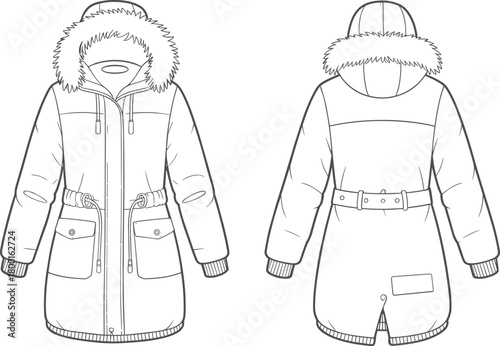 Flat vector illustration of detailed winter hooded coat technical fashion sketch, front and back view, outerwear design template for apparel production