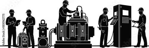 Industrial workers operating heavy machinery in factory production line, engineering team performing maintenance and inspection with control panel and mechanical equipment vector illustration