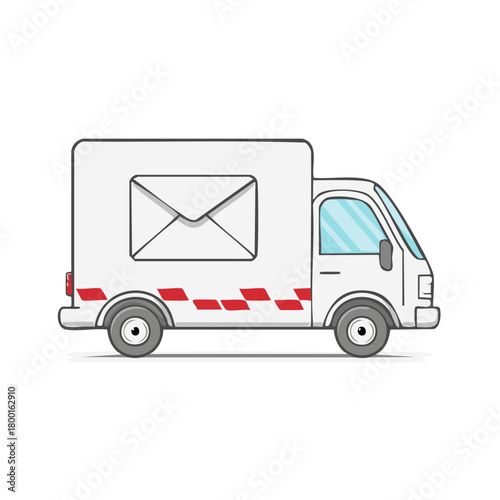 White Mail Truck Cartoon Illustration with Red Accent Markings Delivery Vehicle Isolated
