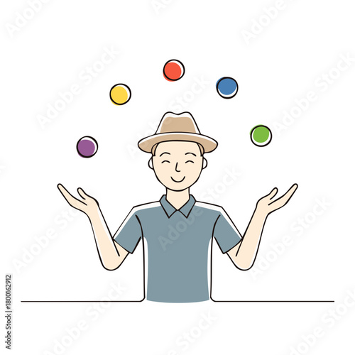 Smiling Man Juggling Colorful Balls Artistic Illustration Skillful Performer Talented Entertainer
