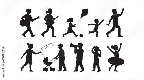 Vector silhouettes of people performing various creative and recreational activities