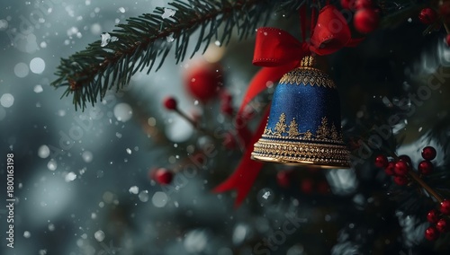 Colorful Bell Ornament Hangs on a Christmas Tree Branch During a Snowstorm