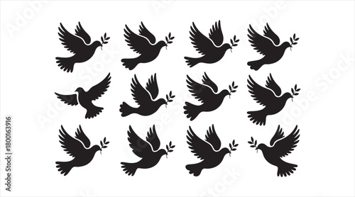 Repeating pattern of dove silhouettes with olive branches in flight