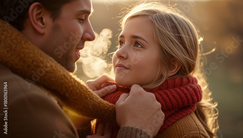 Father and Daughter Share a Warm Moment Outdoors During Sunset in Cozy Winter...