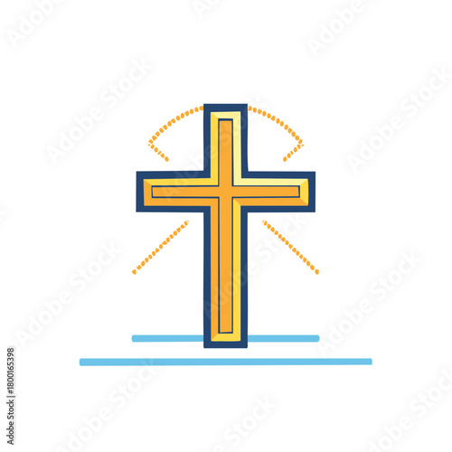 Stylized Golden Christian Cross with Symbolic Rays and Ground Lines
