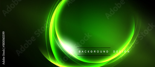 Abstract green lines create luminous oval shape. Dark background emphasizes bright, flowing design elements. Modern aesthetic.
