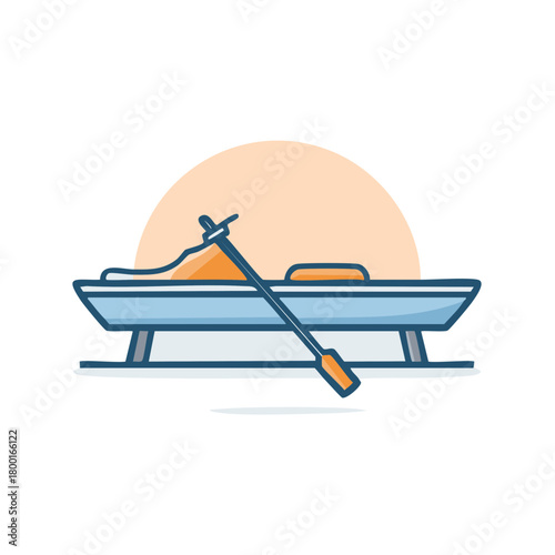 Minimalist flat design blue boat with paddle and orange sun disc ideal for summer leisure or vacation